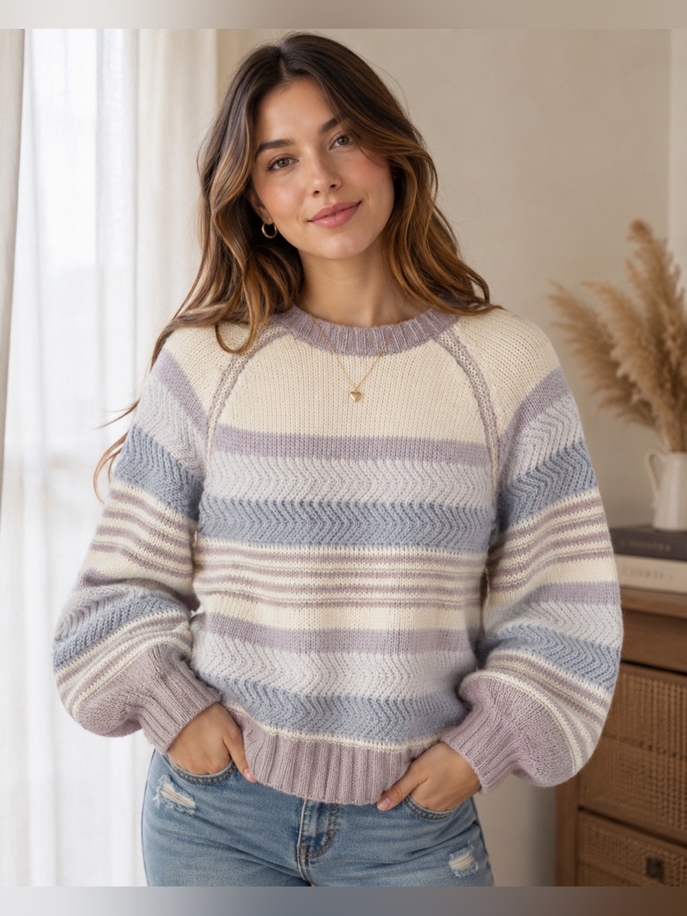 VICI Striped Wool Blend Balloon Sleeve Sweater Cozy Crewneck Knit Size S NWOT